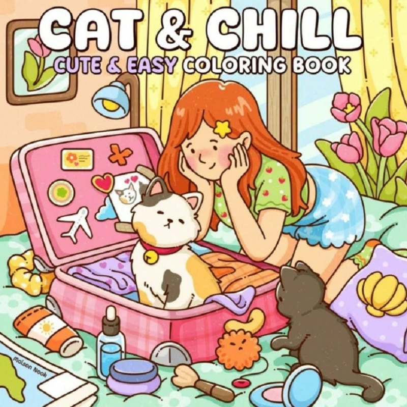 Adult Coloring Book Stress Relief - Kat en meisje Leuk, gemakkelijk kleurboek