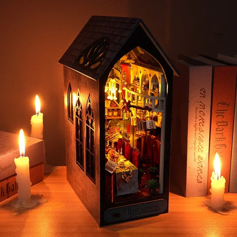 Diy Wooden Book Nook Kit Shelf Insert - Magische restaurant boekenplank woondecoratie, NIEUW retro